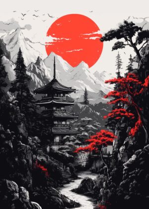 Japanese Pagoda Sunset: Red Moon Serenity - Premium Wooden Framed Poster. Ready to Hang.