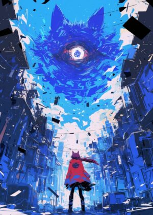 Anime Girl Contemplates Giant Celestial Wolf in Urban Sprawl - Premium Wooden Framed Poster. Ready to Hang.