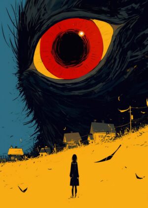 Giant Eye Watching Over a Quiet Town - Premium Wooden Framed Poster. Ready to Hang.