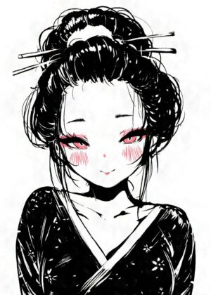 Anime Geisha Girl in Kimono: Elegant Ink Artwork - Premium Wooden Framed Poster. Ready to Hang.