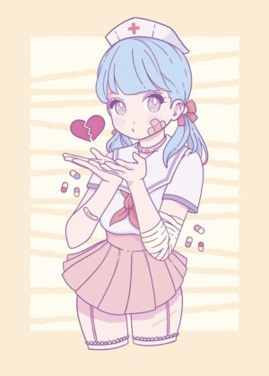 Anime Nurse with Broken Heart: Pastel Goth Art Print - Premium Wooden Framed Poster. Ready to Hang.
