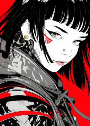 Cyberpunk Anime Girl: Red and Black Digital Art Print - Premium Wooden Framed Poster. Ready to Hang.