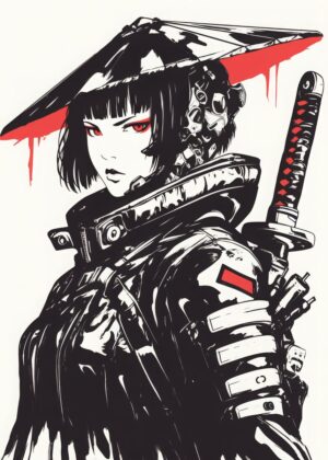 Cyberpunk Samurai Girl: High-Octane Art Print - Premium Wooden Framed Poster. Ready to Hang.
