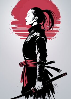 Samurai Woman Silhouette: Strength and Serenity in Japanese Art - Premium Wooden Framed Poster. Ready to Hang.