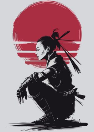 Samurai Woman Silhouette: A Study in Strength and Serenity - Premium Wooden Framed Poster. Ready to Hang.