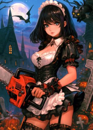 Anime Maid Chainsaw Halloween Art Print - Premium Wooden Framed Poster. Ready to Hang.