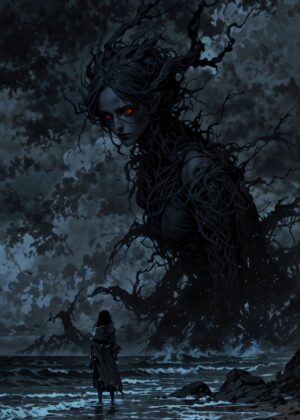 Tree Woman and the Sea: A Dark Fantasy Artwork - Premium Wooden Framed Poster. Ready to Hang.