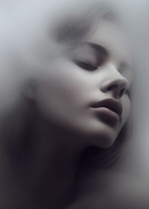 Enigmatic Beauty: A Woman's Face Emerging from the Mist - Premium Wooden Framed Poster. Ready to Hang.