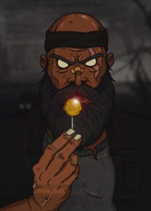 Tough Guy with Lollipop: A Darkly Humorous Illustration - Premium Wooden Framed Poster. Ready to Hang.