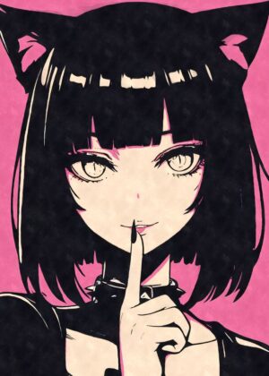 Mysterious Goth Anime Girl with Cat Ears - Premium Wooden Framed Poster. Ready to Hang.
