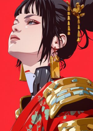 Anime Woman in Red and Gold: Fierce Elegance - Premium Wooden Framed Poster. Ready to Hang.