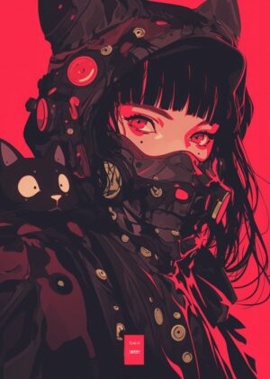 Cyberpunk Anime Girl: Red & Black Digital Art Print - Premium Wooden Framed Poster. Ready to Hang.