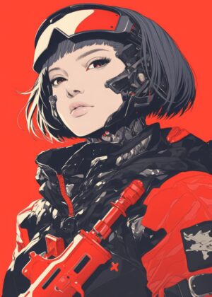 Cyberpunk Female Soldier Art Print - Premium Wooden Framed Poster. Ready to Hang.