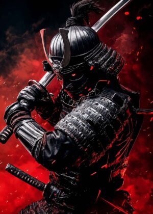 Fierce Samurai Warrior Art Print - Premium Wooden Framed Poster. Ready to Hang.