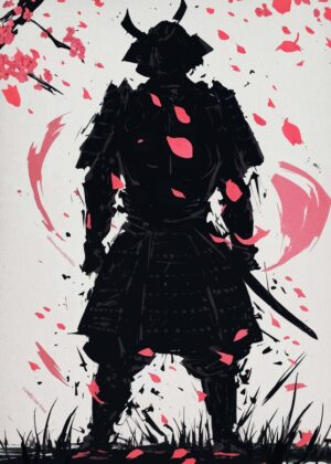 Samurai in Cherry Blossom: A Moment of Tranquility - Premium Wooden Framed Poster. Ready to Hang.