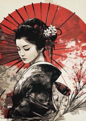 Elegant Geisha Under a Crimson Umbrella - Premium Wooden Framed Poster. Ready to Hang.
