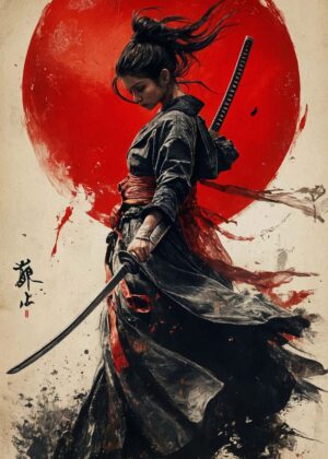 Samurai Woman Against a Red Sun - Premium Wooden Framed Poster. Ready to Hang.