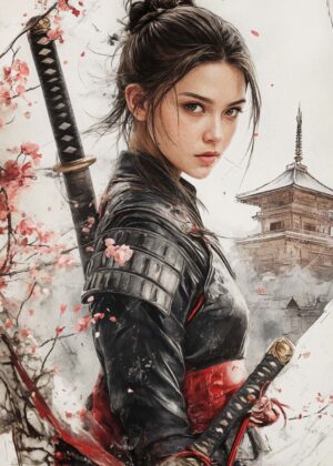 Samurai Woman with Katana: Watercolor Art Print - Premium Wooden Framed Poster. Ready to Hang.