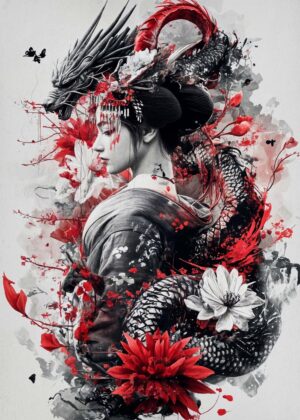 Geisha and Dragon: A Fusion of Elegance and Power - Premium Wooden Framed Poster. Ready to Hang.