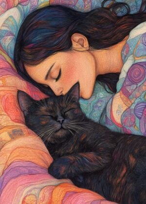 Sweet Dreams with a Feline Friend: A Peaceful Moment Captured in Art - Premium Wooden Framed Poster. Ready to Hang.