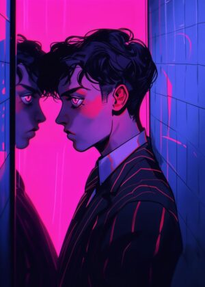Reflections of Neon Mirror: A Cyberpunk Art Print - Premium Wooden Framed Poster. Ready to Hang.
