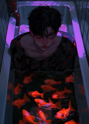 Midnight Koi: A Darkly Beautiful Anime-Style Artwork - Premium Wooden Framed Poster. Ready to Hang.