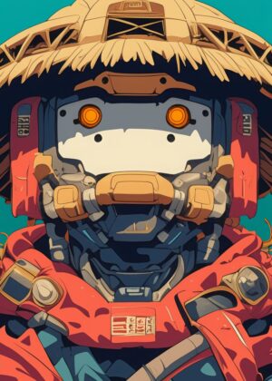 Cyberpunk Robot in Straw Hat - Digital Art Print - Premium Wooden Framed Poster. Ready to Hang.