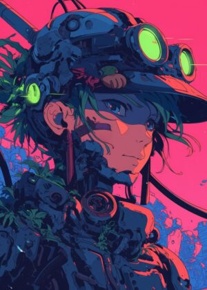 Cyberpunk Anime Girl: Neon Dreams - Premium Wooden Framed Poster. Ready to Hang.