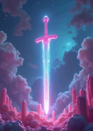 Glowing Sword in Dreamlike Cloudscape - Premium Wooden Framed Poster. Ready to Hang.