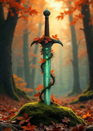 Enchanted Sword in Autumn Forest: A Magical Autumn Scene - Premium Wooden Framed Poster. Ready to Hang.