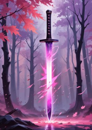 Glowing Sword in Mystical Forest - Premium Wooden Framed Poster. Ready to Hang.