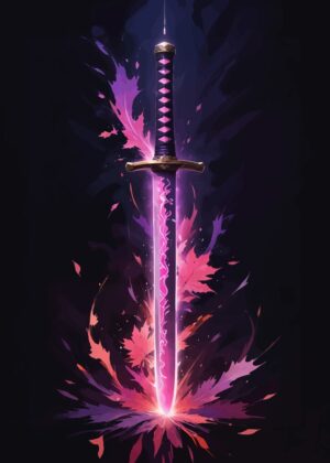 Glowing Sword and Autumn Leaves Art Print - Premium Wooden Framed Poster. Ready to Hang.