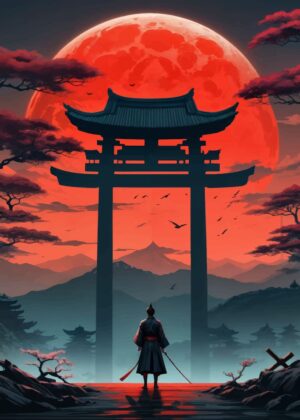 Samurai Under Crimson Moon: A Japanese Art Print - Premium Wooden Framed Poster. Ready to Hang.