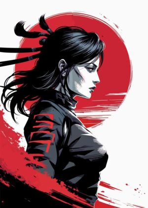 Crimson Sun Warrior: Anime Girl Art Print - Premium Wooden Framed Poster. Ready to Hang.