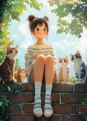 Anime Girl and Her Adorable Cats - Premium Wooden Framed Poster. Ready to Hang.