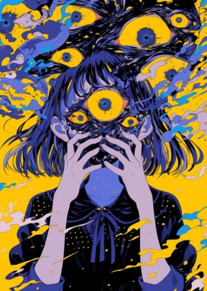 Eyes of Fear: A Surreal Anime Art Print - Premium Wooden Framed Poster. Ready to Hang.
