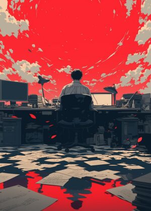 Red Sky, Desk, Man: Digital Art Print - Premium Wooden Framed Poster. Ready to Hang.