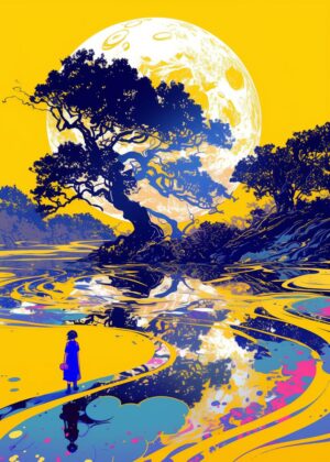Silhouetted Tree and Moon: A Vibrant Landscape - Premium Wooden Framed Poster. Ready to Hang.