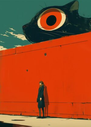 Giant Cat and Woman: Surreal Cityscape Art Print - Premium Wooden Framed Poster. Ready to Hang.