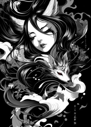 Kitsune Spirit: Elegant Black and White Art Print - Premium Wooden Framed Poster. Ready to Hang.