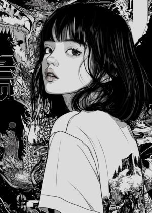 Anime Girl with Dragon and Forest Backdrop: Black and White Illustration - Premium Wooden Framed Poster. Ready to Hang.