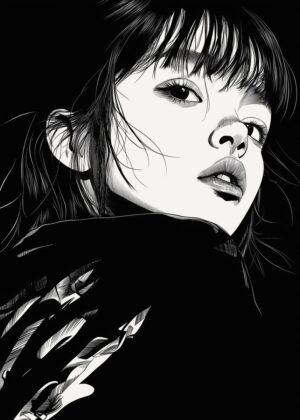 Mysterious Anime Girl: Black and White Illustration - Premium Wooden Framed Poster. Ready to Hang.