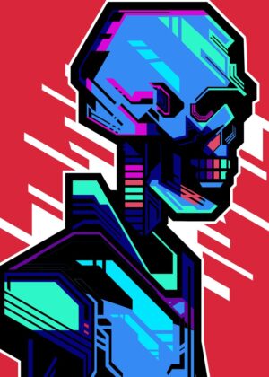 Cyber Skull: Neon Geometric Art Print - Premium Wooden Framed Poster. Ready to Hang.