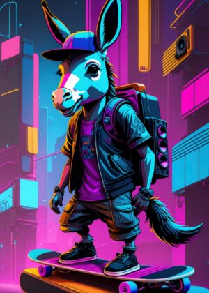 Neon City Donkey Skateboarding Art Print - Premium Wooden Framed Poster. Ready to Hang.