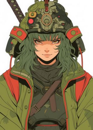 Cyberpunk Samurai Girl Art Print - Premium Wooden Framed Poster. Ready to Hang.