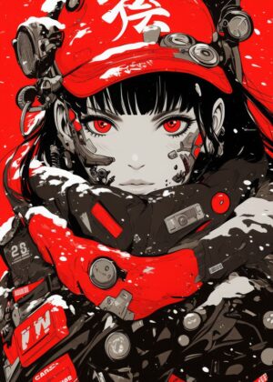 Cyberpunk Anime Girl: Red & Black Digital Art Print - Premium Wooden Framed Poster. Ready to Hang.