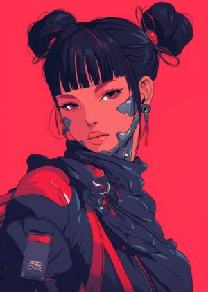 Cyberpunk Anime Girl: Neon Dreams - Premium Wooden Framed Poster. Ready to Hang.