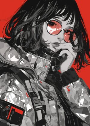 Anime Girl in Red and Black: Stylish and Edgy Digital Art Print - Premium Wooden Framed Poster. Ready to Hang.