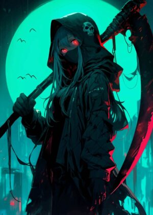 Cyberpunk Anime Girl with Scythe - Premium Wooden Framed Poster. Ready to Hang.