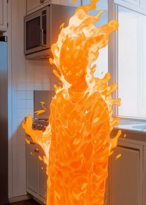 Inferno Form: Fiery Figure in Domestic Setting - Premium Wooden Framed Poster. Ready to Hang.